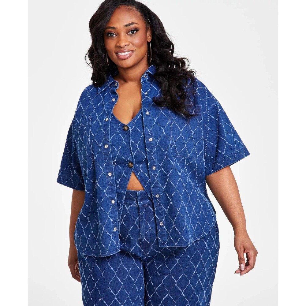 Nina Parker Women's Plus Size Diamond-Texture Denim Button Down Shirt Blue 2X